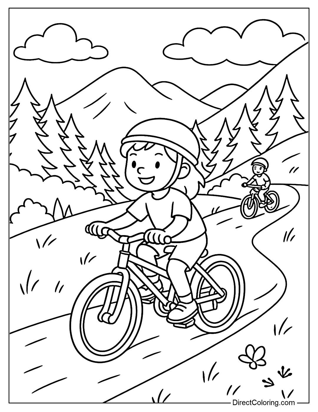 Coloring page of a group of friends cycling along a dirt road along the mountainside, with forests and clouds in the background.